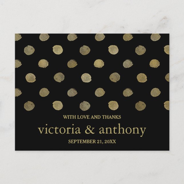 Postal Boda de puntos modernos de polka negro y dorado gr (Anverso)