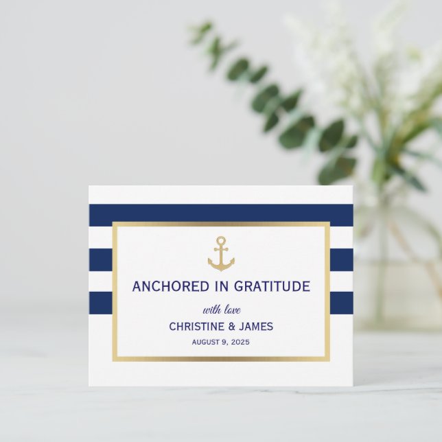 Postal Boda de rayas blancas y azules náuticos de agradec (Anverso de pie)