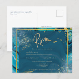 Postal Boda de resumen de Peacock Blue Gold INK