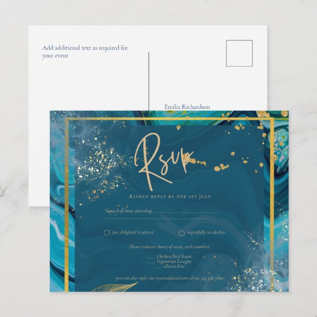 Postal Boda de resumen de Peacock Blue Gold INK (Anverso / Reverso)