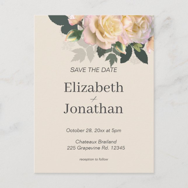 Postal Boda De Rosas Rosadas De Rubor Guardar La Fecha (Anverso)