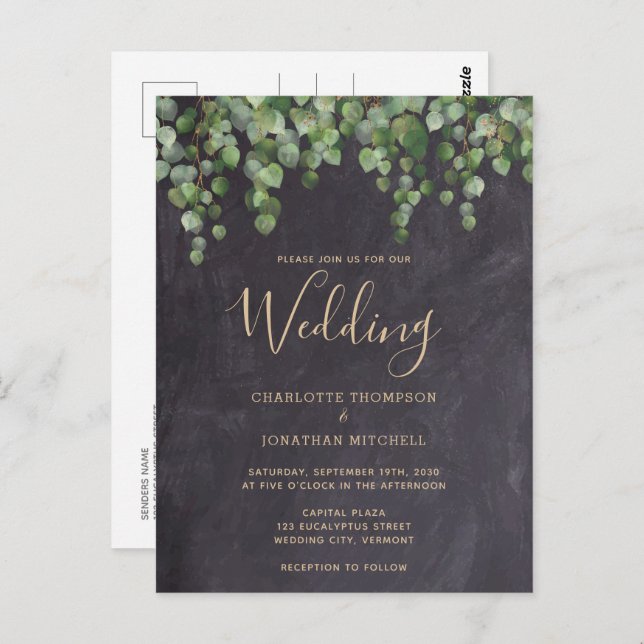 Postal Boda de Rustic Eucalyptus Greenery Chalkboard (Anverso / Reverso)