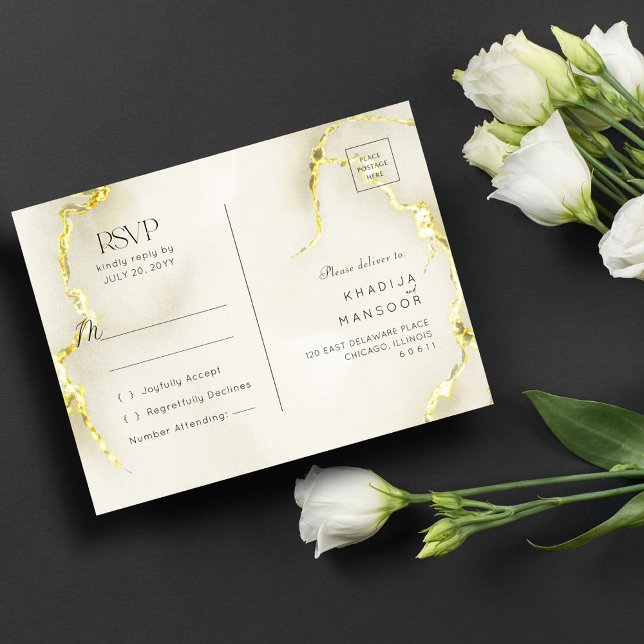Postal Boda de textura lujosa de mármol de oro RSVP (Subido por el creador)