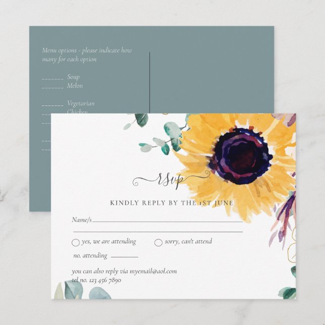 Postal Boda de verano de girasoles Eucalyptus Greenerener (Anverso / Reverso)