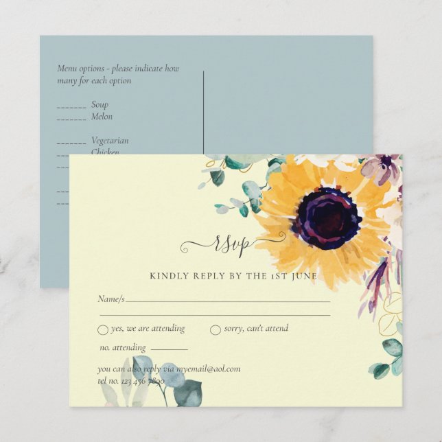 Postal Boda de verano de girasoles Eucalyptus Greenerener (Anverso / Reverso)
