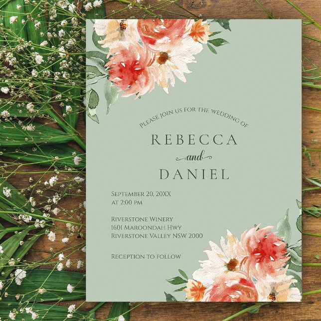Postal Boda del Boho floral Rústico Sage Green y Naranja (Subido por el creador)