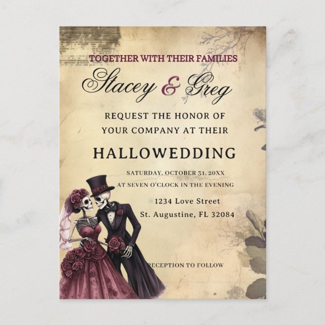Postal Boda del esqueleto gótico rústico de Halloween (Anverso)
