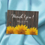 Postal Boda del girasol Gracias Ladybug Barn Wood<br><div class="desc">Rústico Boda De Madera Oscura Y Girasol Gracias Cartas.</div>