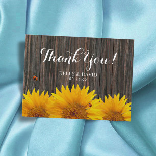 Postal Boda del girasol Gracias Ladybug Barn Wood