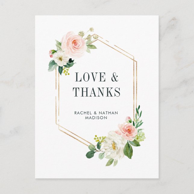 Postal Boda del marco dorado de Rubor White Bloom Gracias (Anverso)