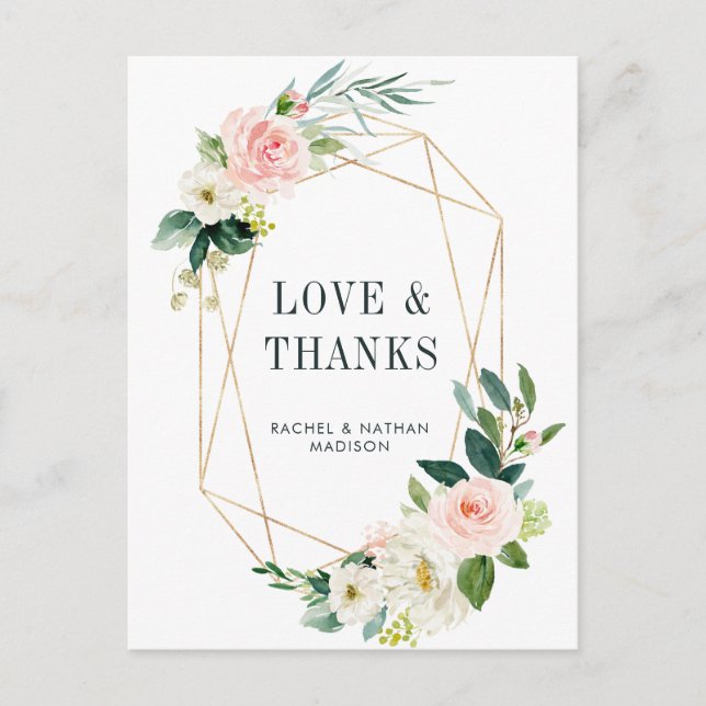 Postal Boda del marco dorado de Rubor White Bloom Gracias (Anverso)