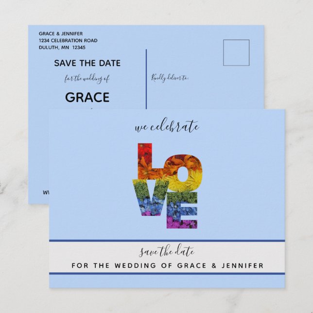 Postal BODA DEL MISMO SEXO CON TEMA AZUL AMOR Avisa la Fe (Anverso / Reverso)