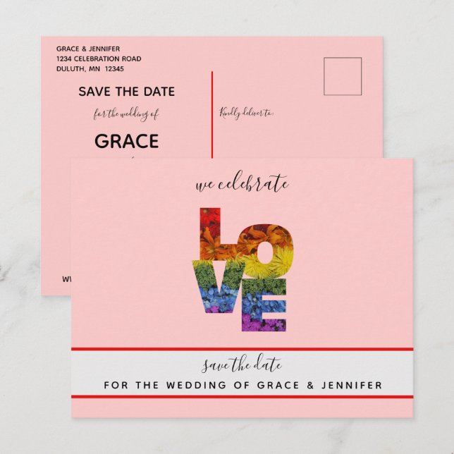Postal Boda del mismo sexo con tema ROJO de AMOR Guardar  (Anverso / Reverso)