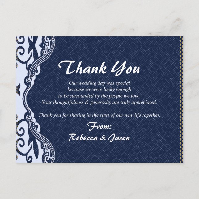 Postal boda del país del denim azul lace gracias (Anverso)