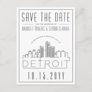 Postal Boda Detroit   Estilizado Skyline Guardar la fecha