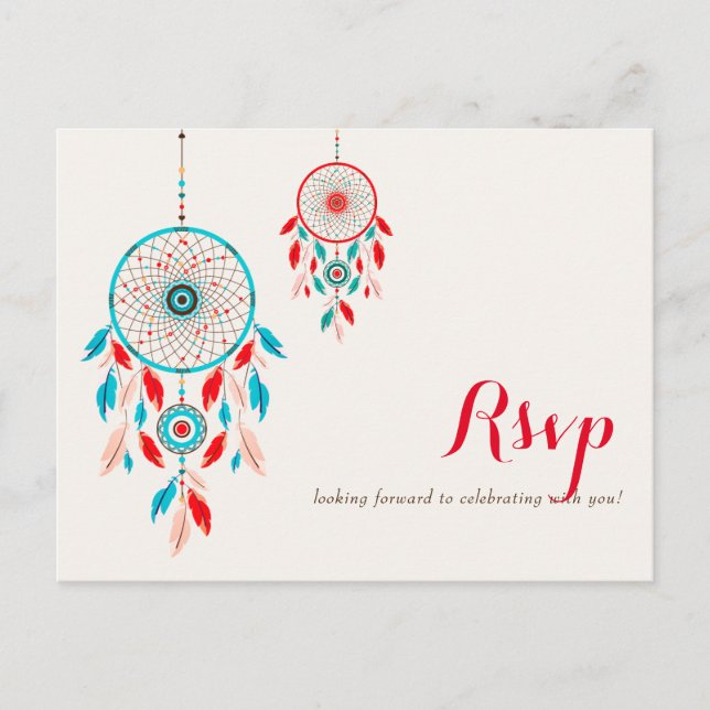 Postal Boda Dreamcatcher de la pluma Tribal Boho (Anverso)