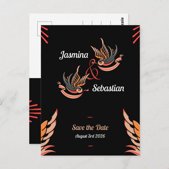 Postal Boda Editable Rockabilly Traga La Fecha (Anverso / Reverso)