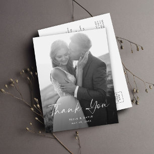 Postal Boda Elegante Black White Script Foto Gracias