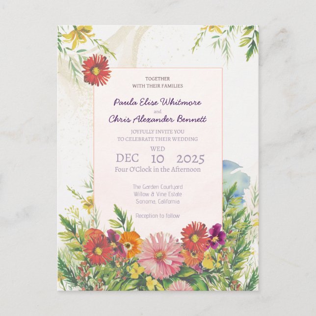 Postal Boda elegante de jardín de flores silvestres con a (Anverso)