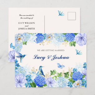 Postal Boda elegante de pájaro floral azul