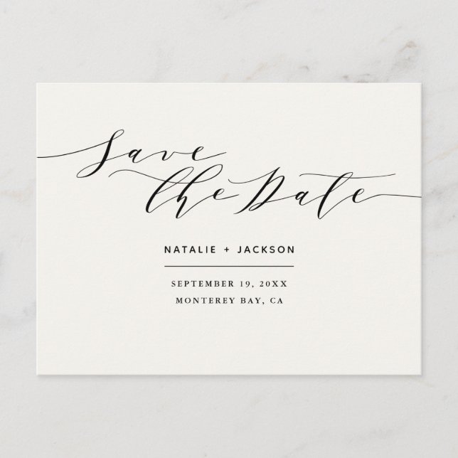 Postal Boda elegante en blanco y negro ahorrando la fecha (Anverso)