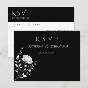 Postal Boda elegante moderna Flor blanca y negra