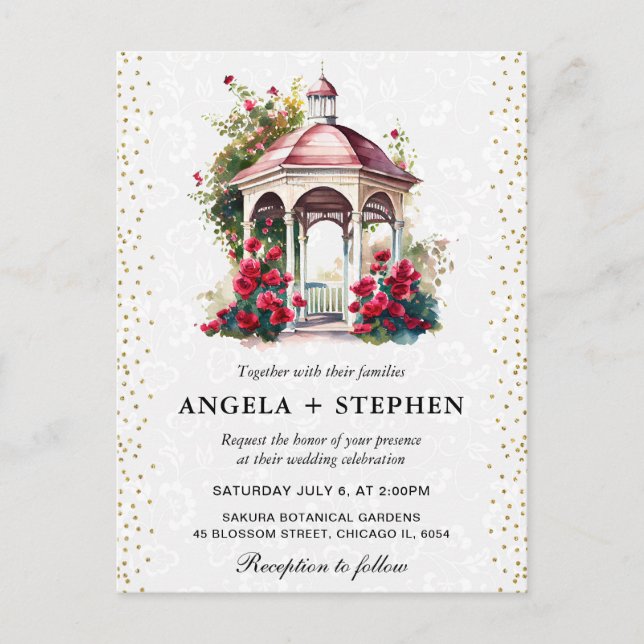 Postal Boda en el cenador del jardín de primavera en acua (Anverso)