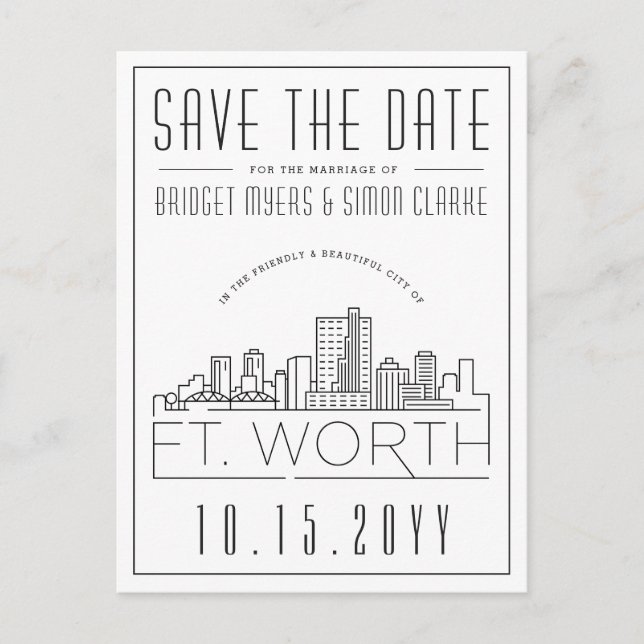 Postal Boda en Fort Worth | Silueta Estilizada de la Ciud (Anverso)