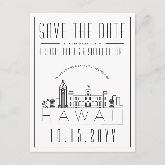 Postal Boda en Hawái | Estilizado Skyline Guardar la fech (Anverso)