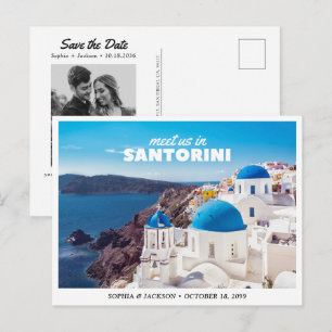 Postal Boda en Santorini, guardar la fecha, viaje retro