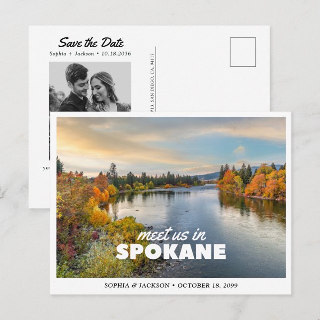Postal Boda en Spokane, guardar la fecha, viaje, retro (Anverso / Reverso)