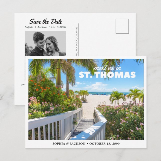 Postal Boda en St. Thomas, guarde la fecha de viaje retro (Anverso / Reverso)