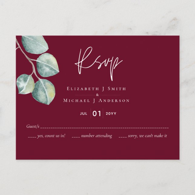 Postal Boda EUCALYPTUS blanco de bajo presupuesto (Anverso)