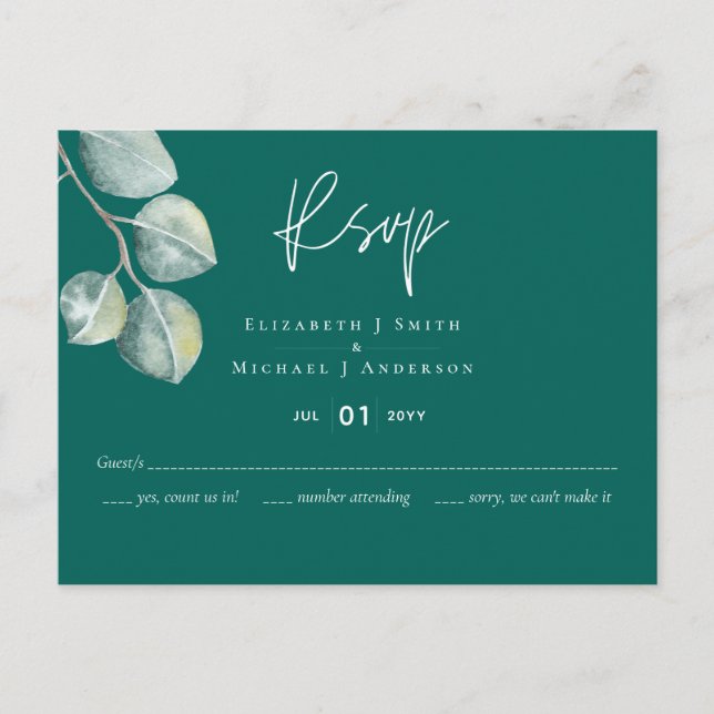 Postal Boda EUCALYPTUS blanco de bajo presupuesto VERDE A (Anverso)