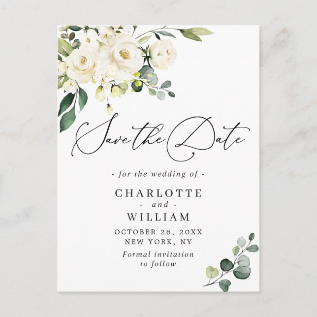 Postal Boda Eucalyptus de rosas blancas salva la fecha (Anverso)