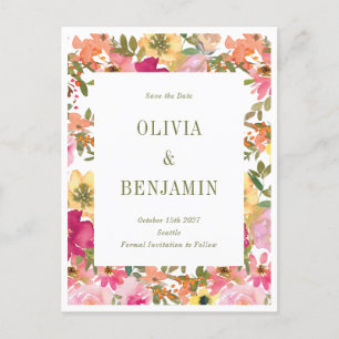 Postal Boda floral acuarela amarilla melocotón