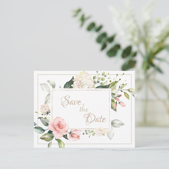 Postal Boda floral acuarela elegante con toque rosado y d (Anverso de pie)