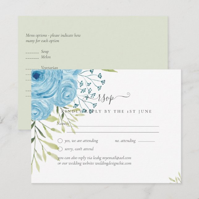 Postal Boda Floral Aqua Azul  (Anverso / Reverso)