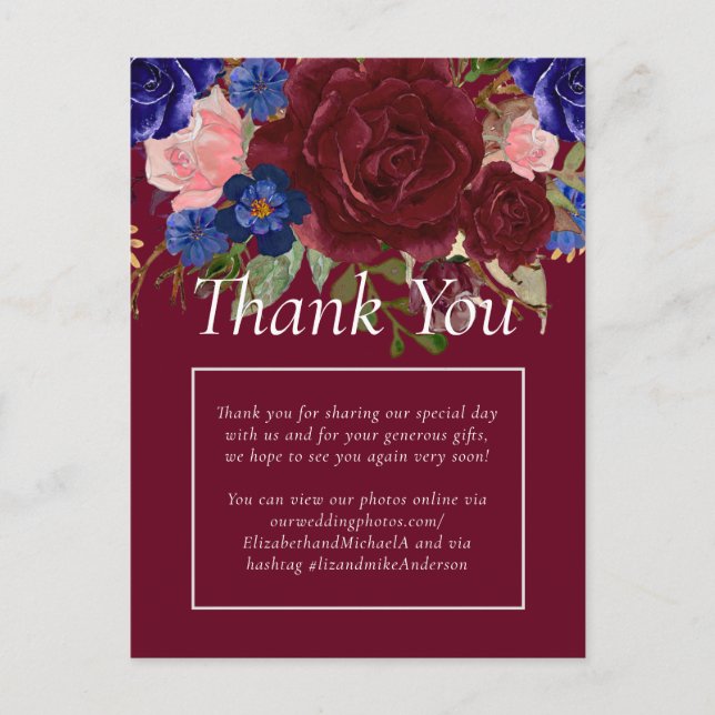 Postal Boda Floral Azul Borgoña Elegante De Presupuesto (Anverso)