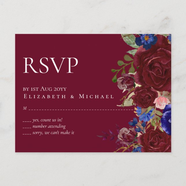 Postal Boda Floral Azul Borgoña Elegante De Presupuesto (Anverso)