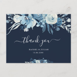 Postal Boda floral azul de guion encantadora gracias