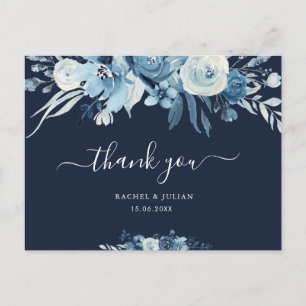 Postal Boda floral azul de guion encantadora gracias
