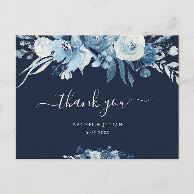 Postal Boda floral azul de guion encantadora gracias (Anverso)