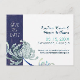 Postal Boda floral azul de la marina salva la fecha