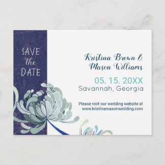 Postal Boda floral azul de la marina salva la fecha