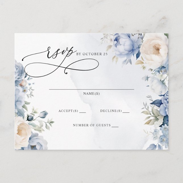 Postal Boda Floral Azul Dusty Botánica RSVP (Anverso)