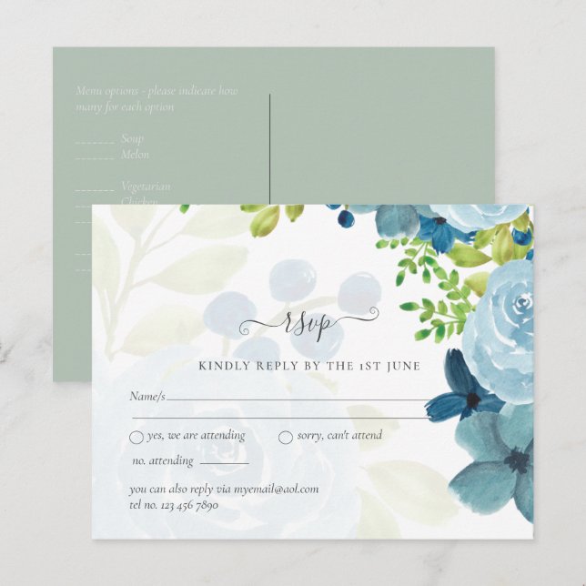 Postal Boda Floral Azul Dusty Presupuestario (Anverso / Reverso)