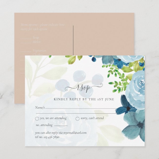 Postal Boda Floral Azul Dusty Presupuestario (Anverso / Reverso)