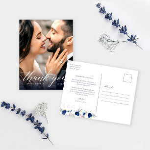 Postal Boda Floral Azul Moderno Gracias