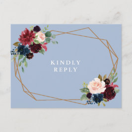 Postal boda floral azul polvorienta burgundy RSVP